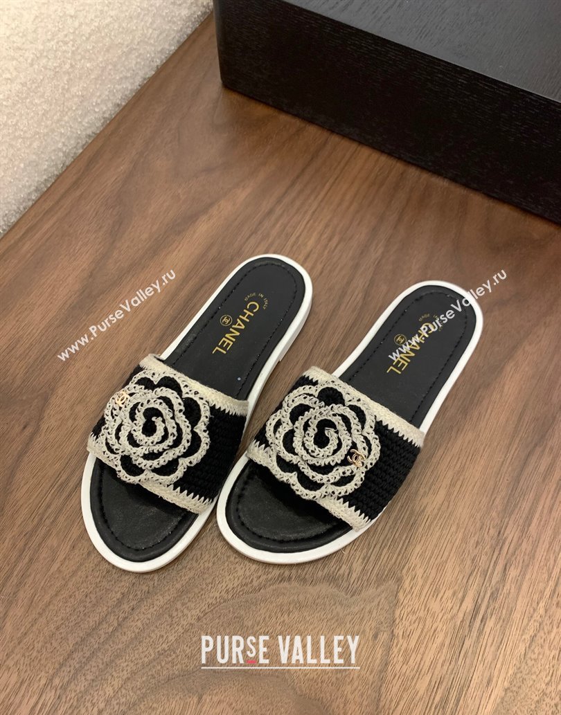 Chanel Knit Flat Slides Sandal with Camellia Bloom Black 2025 CH061024 (MD-250610140)