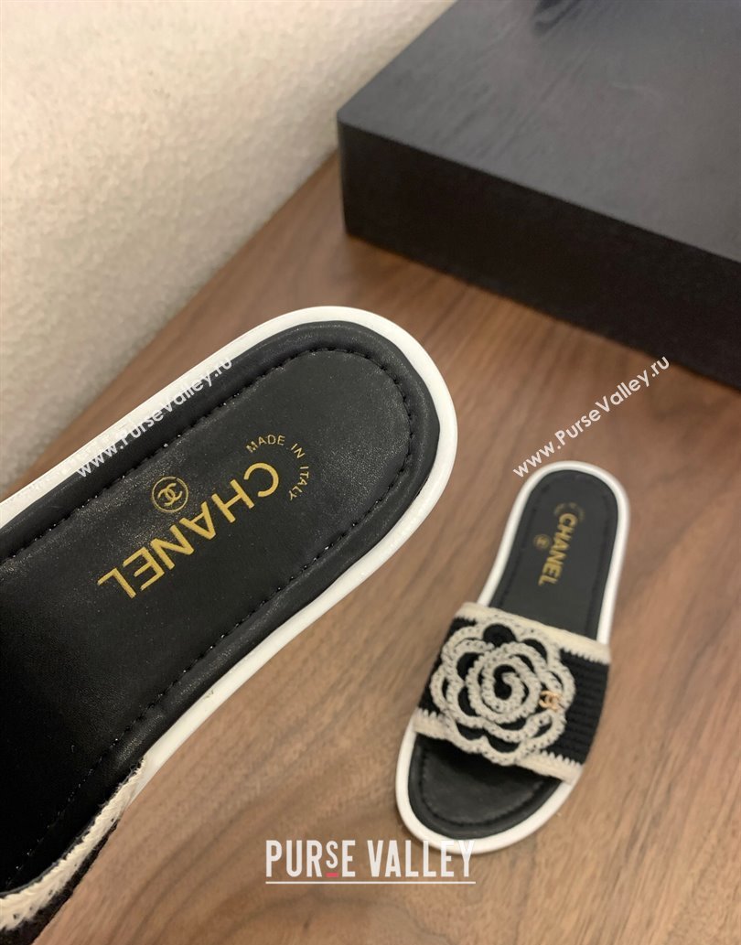 Chanel Knit Flat Slides Sandal with Camellia Bloom Black 2025 CH061024 (MD-250610140)