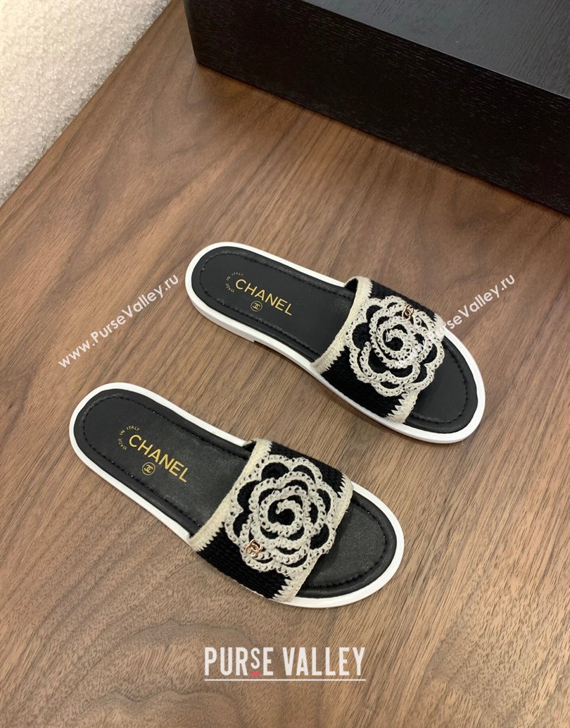 Chanel Knit Flat Slides Sandal with Camellia Bloom Black 2025 CH061024 (MD-250610140)