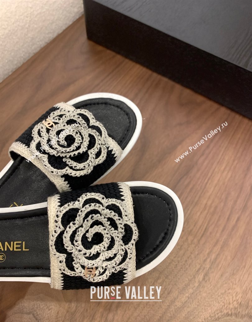 Chanel Knit Flat Slides Sandal with Camellia Bloom Black 2025 CH061024 (MD-250610140)