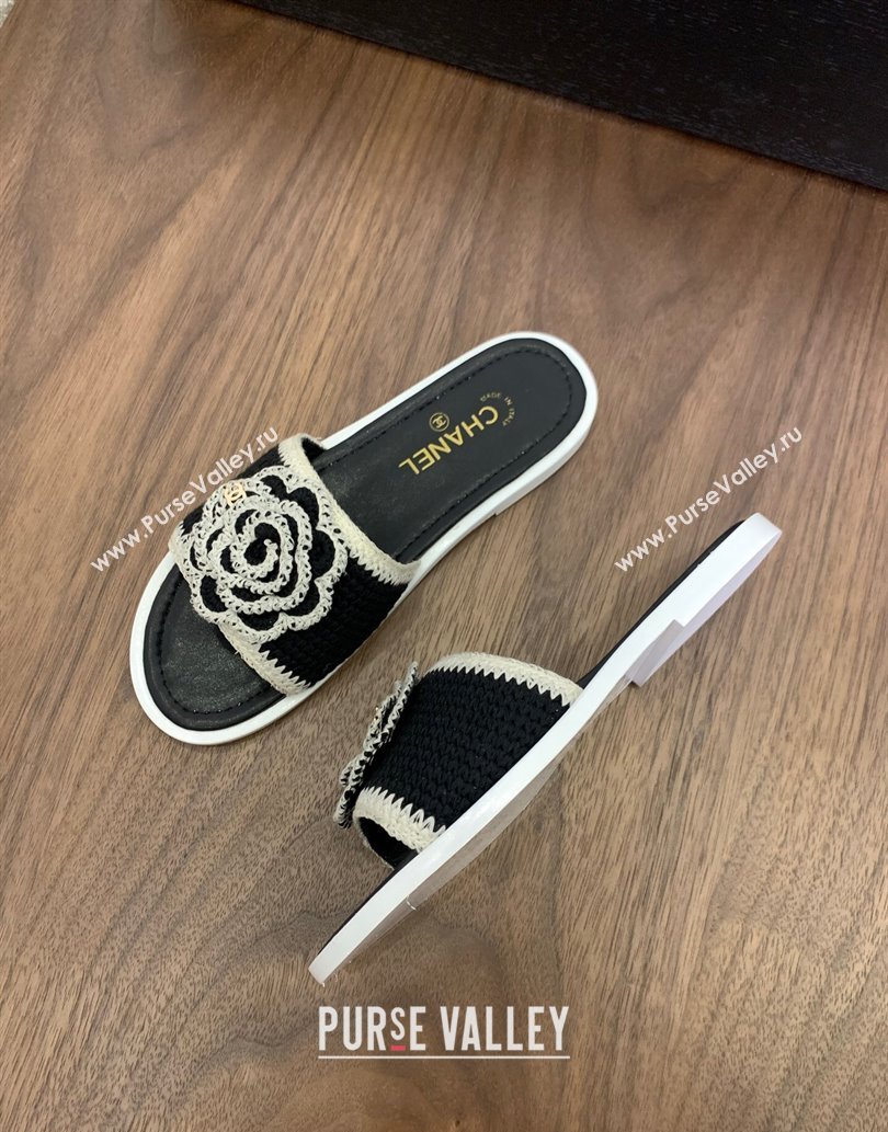 Chanel Knit Flat Slides Sandal with Camellia Bloom Black 2025 CH061024 (MD-250610140)