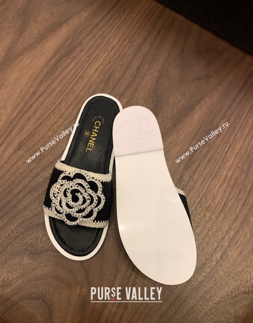 Chanel Knit Flat Slides Sandal with Camellia Bloom Black 2025 CH061024 (MD-250610140)