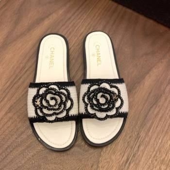 Chanel Knit Flat Slides Sandal with Camellia Bloom White 2025 CH061024 (MD-250610141)