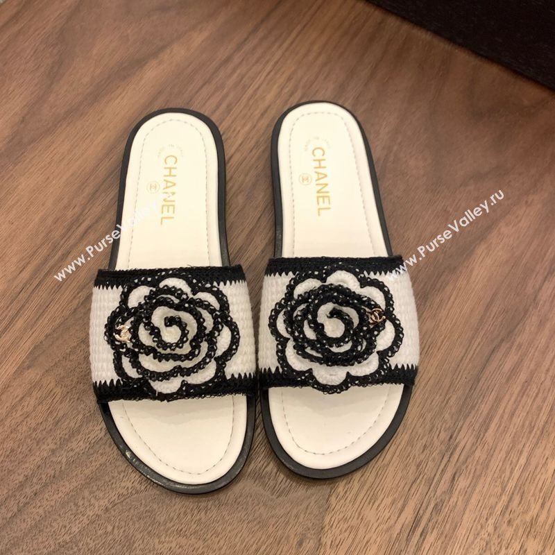 Chanel Knit Flat Slides Sandal with Camellia Bloom White 2025 CH061024 (MD-250610141)