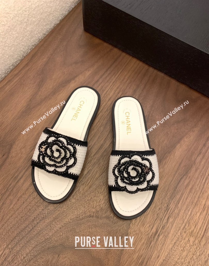 Chanel Knit Flat Slides Sandal with Camellia Bloom White 2025 CH061024 (MD-250610141)