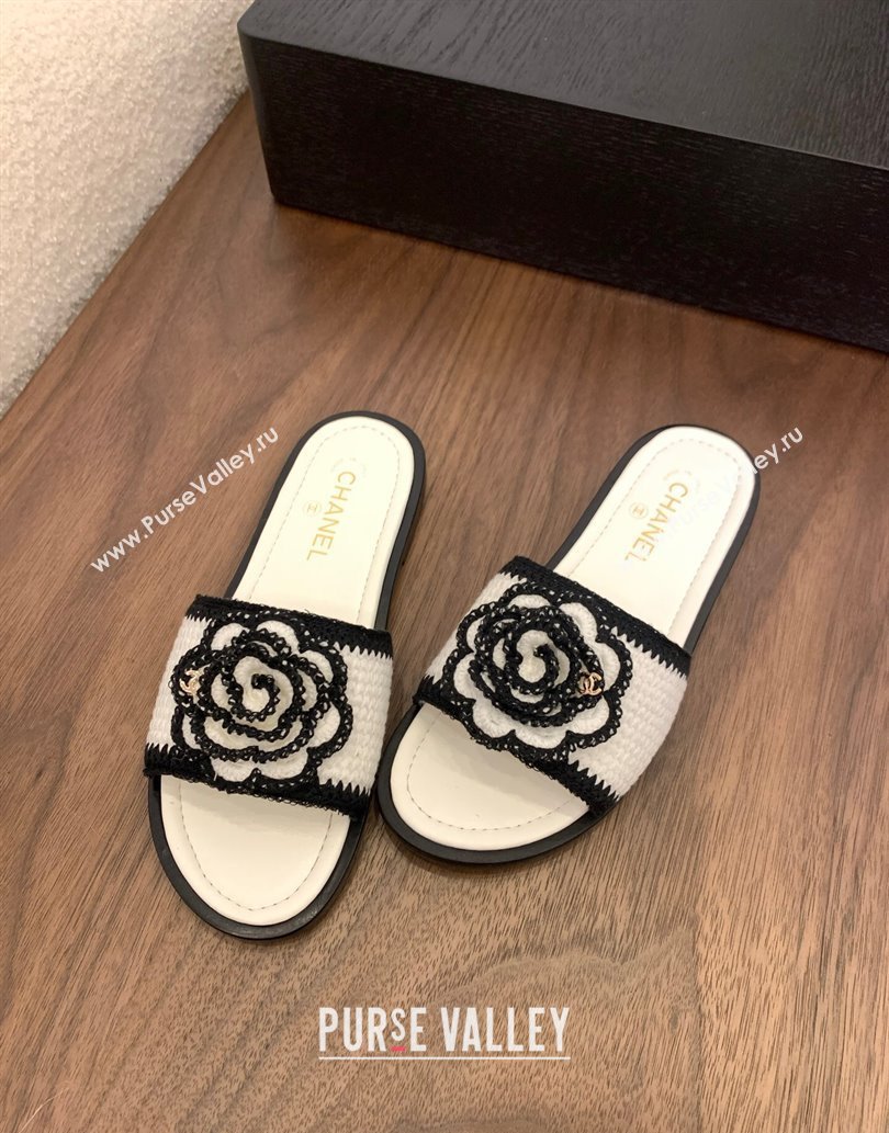 Chanel Knit Flat Slides Sandal with Camellia Bloom White 2025 CH061024 (MD-250610141)