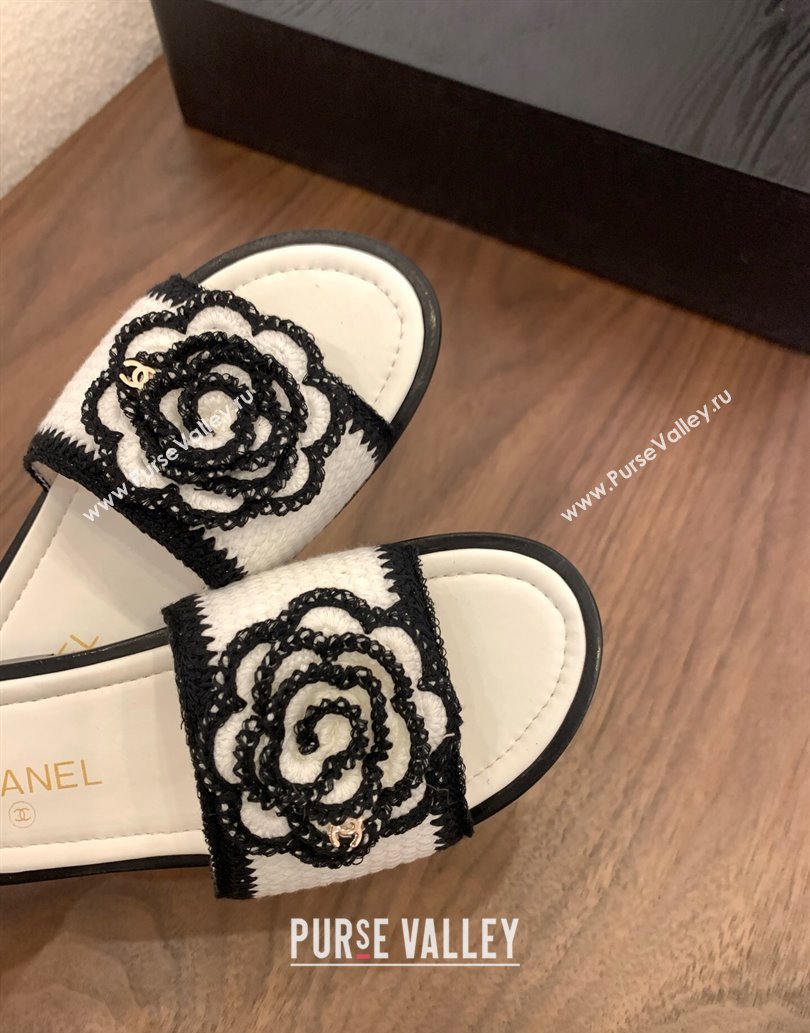 Chanel Knit Flat Slides Sandal with Camellia Bloom White 2025 CH061024 (MD-250610141)