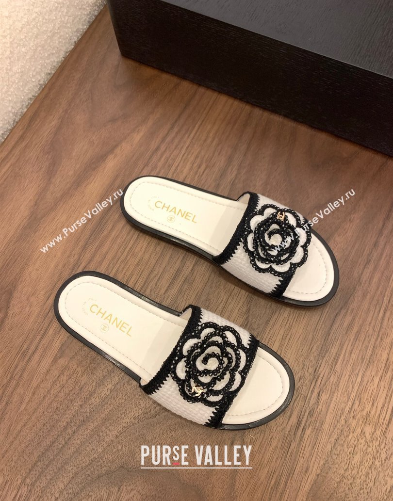 Chanel Knit Flat Slides Sandal with Camellia Bloom White 2025 CH061024 (MD-250610141)