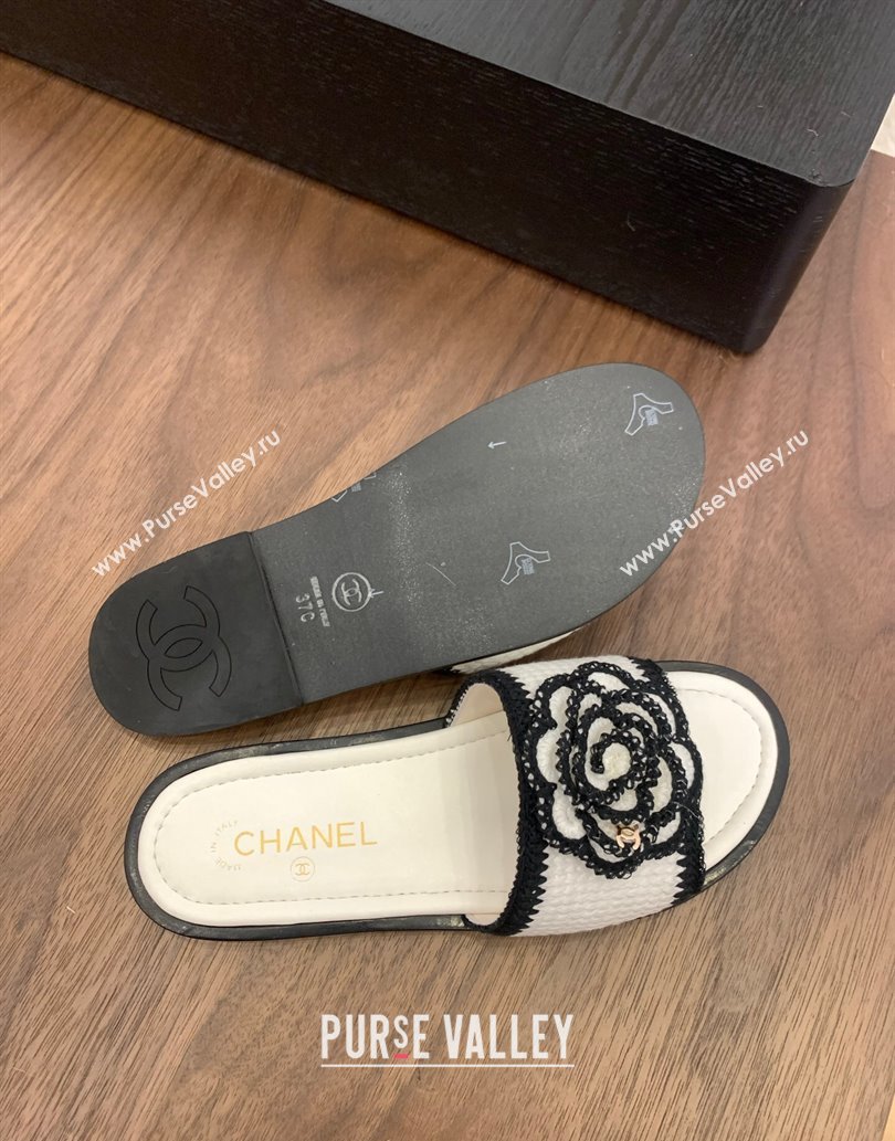Chanel Knit Flat Slides Sandal with Camellia Bloom White 2025 CH061024 (MD-250610141)