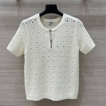 Chanel Knit Wool T-Shirt with Strass CC White 2025 CH061201 (QI-250612005)