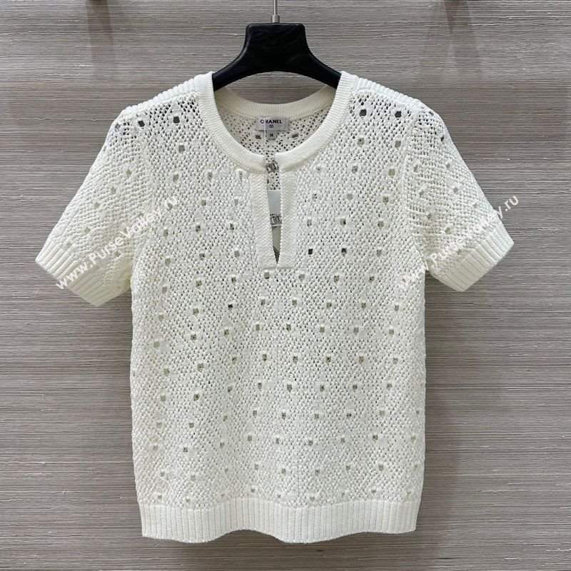 Chanel Knit Wool T-Shirt with Strass CC White 2025 CH061201 (QI-250612005)