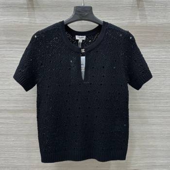 Chanel Knit Wool T-Shirt with Strass CC Black 2025 CH061201 (QI-250612004)