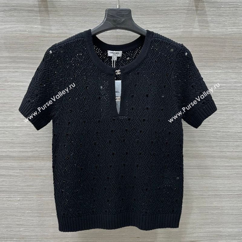 Chanel Knit Wool T-Shirt with Strass CC Black 2025 CH061201 (QI-250612004)