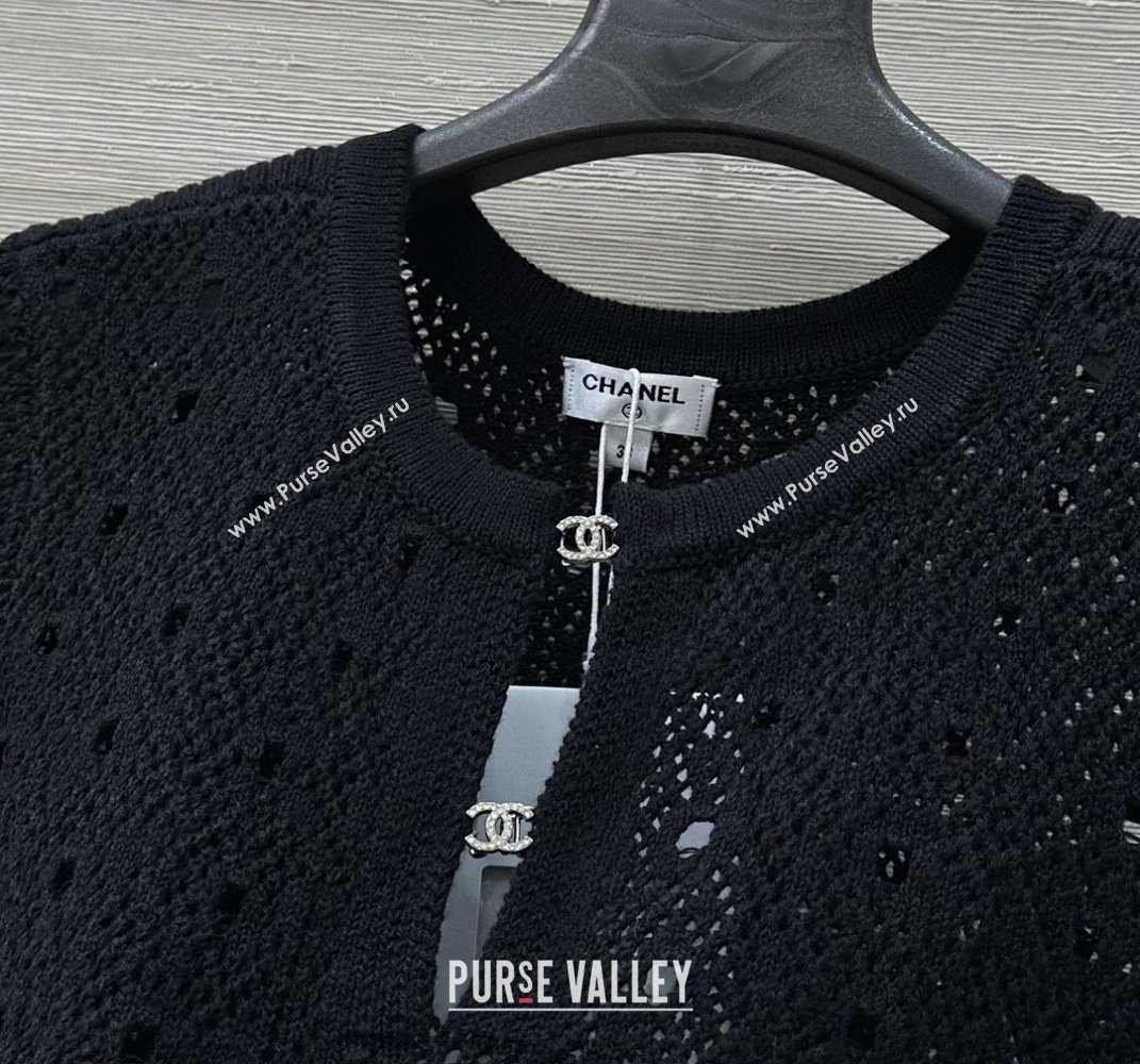 Chanel Knit Wool T-Shirt with Strass CC Black 2025 CH061201 (QI-250612004)