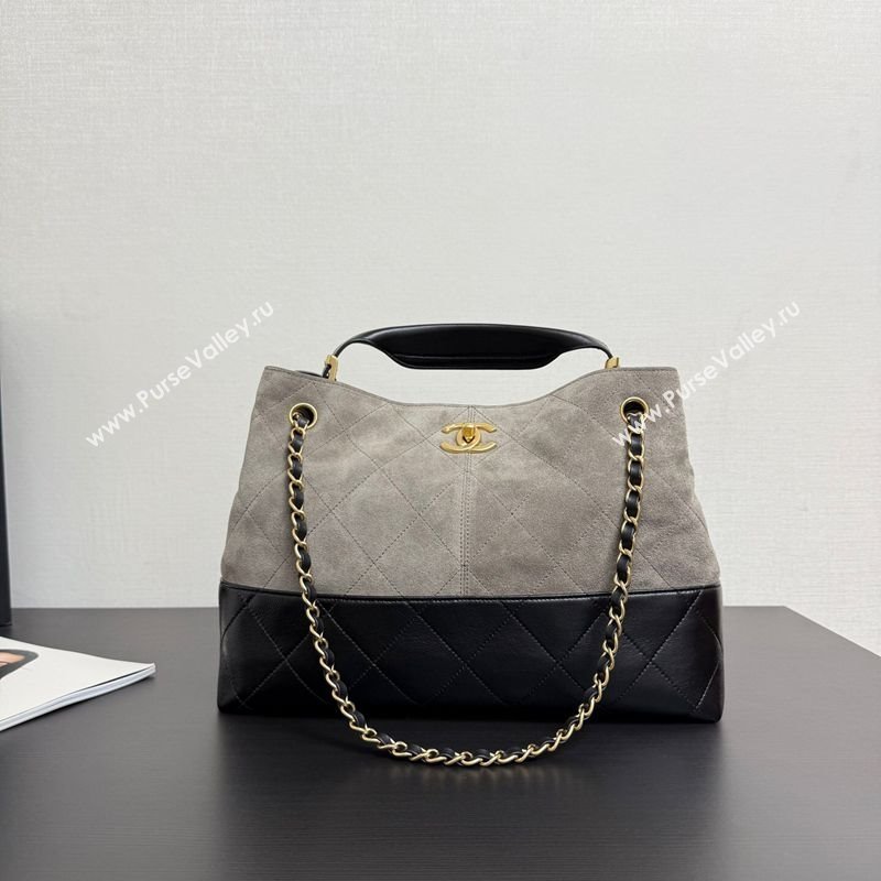 Chanel Suede Lambskin Small Shopping Bag Grey/Black 2025 AS5634 (yezi-250703002)