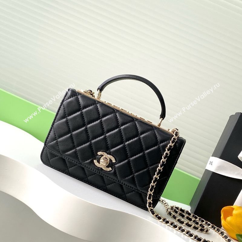 Chanel Lambskin Wallet On Chain WOC with Strass and Top Band Black 2025 AP4323 (yezi-250703015)