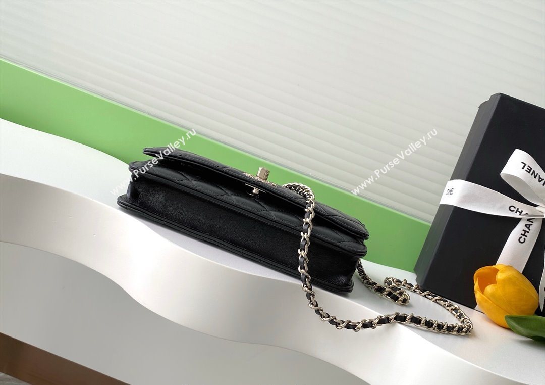 Chanel Lambskin Wallet On Chain WOC with Strass and Top Band Black 2025 AP4323 (yezi-250703015)