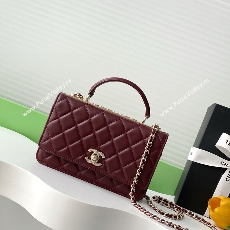 Chanel Lambskin Wallet On Chain WOC with Strass and Top Band Dark Burgundy 2025 AP4323 (yezi-250703017)