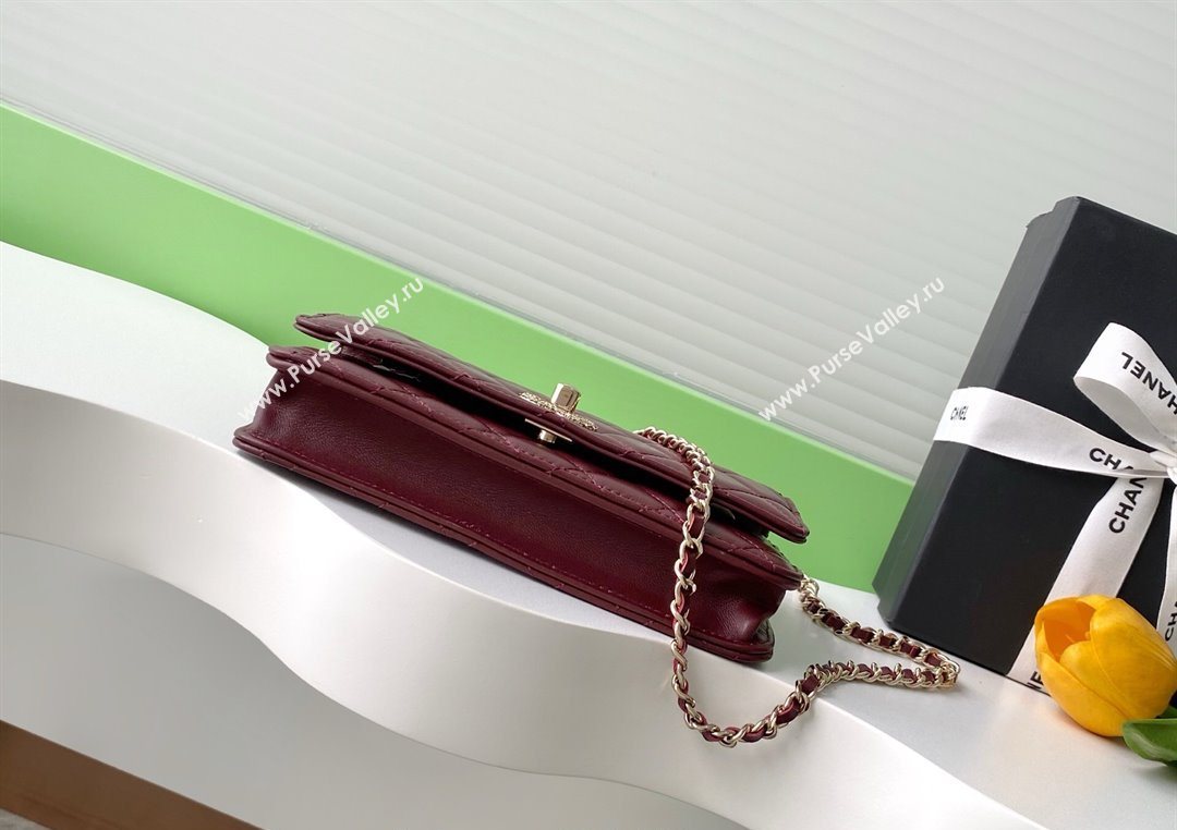Chanel Lambskin Wallet On Chain WOC with Strass and Top Band Dark Burgundy 2025 AP4323 (yezi-250703017)