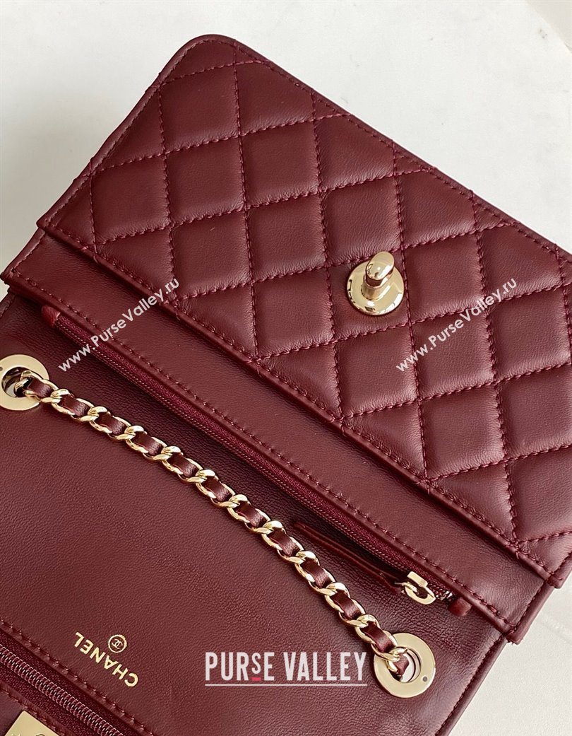 Chanel Lambskin Wallet On Chain WOC with Strass and Top Band Dark Burgundy 2025 AP4323 (yezi-250703017)