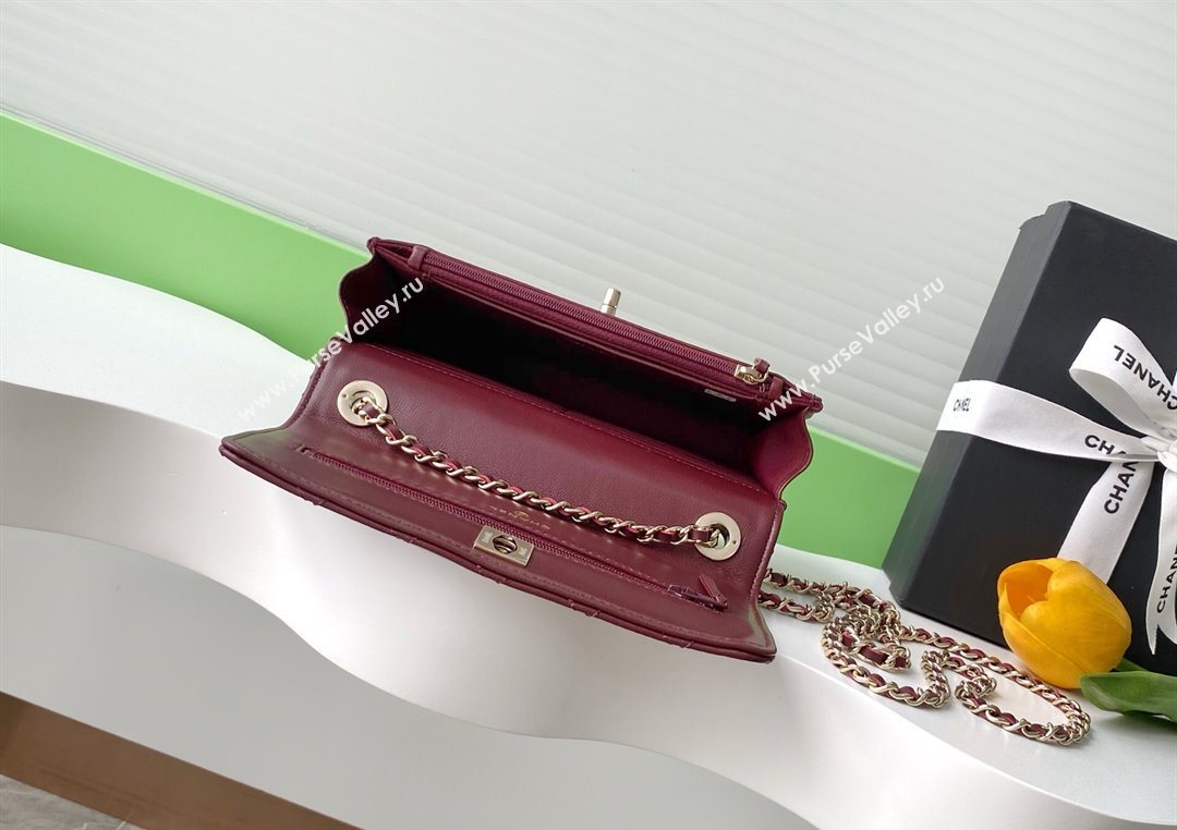 Chanel Lambskin Wallet On Chain WOC with Strass and Top Band Dark Burgundy 2025 AP4323 (yezi-250703017)