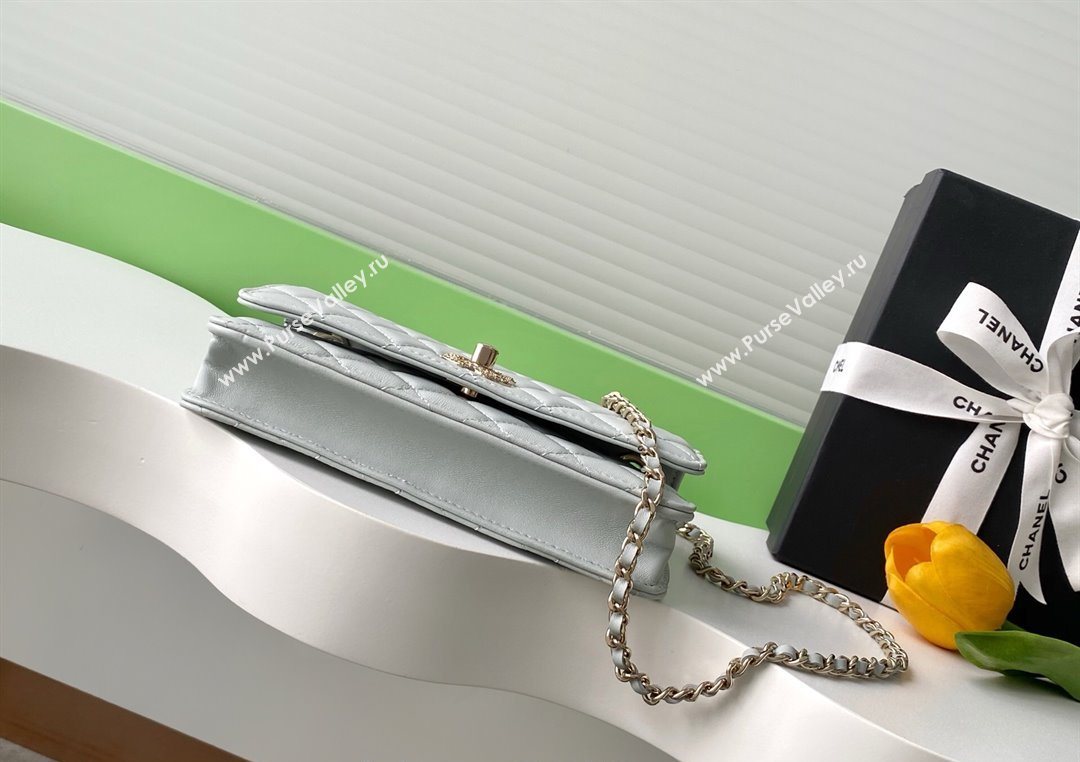 Chanel Lambskin Wallet On Chain WOC with Strass and Top Band Light Grey 2025 AP4323 (yezi-250703018)