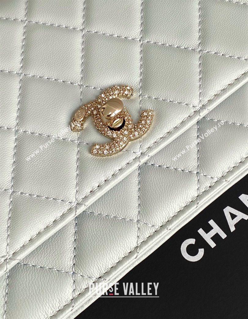 Chanel Lambskin Wallet On Chain WOC with Strass and Top Band Light Grey 2025 AP4323 (yezi-250703018)