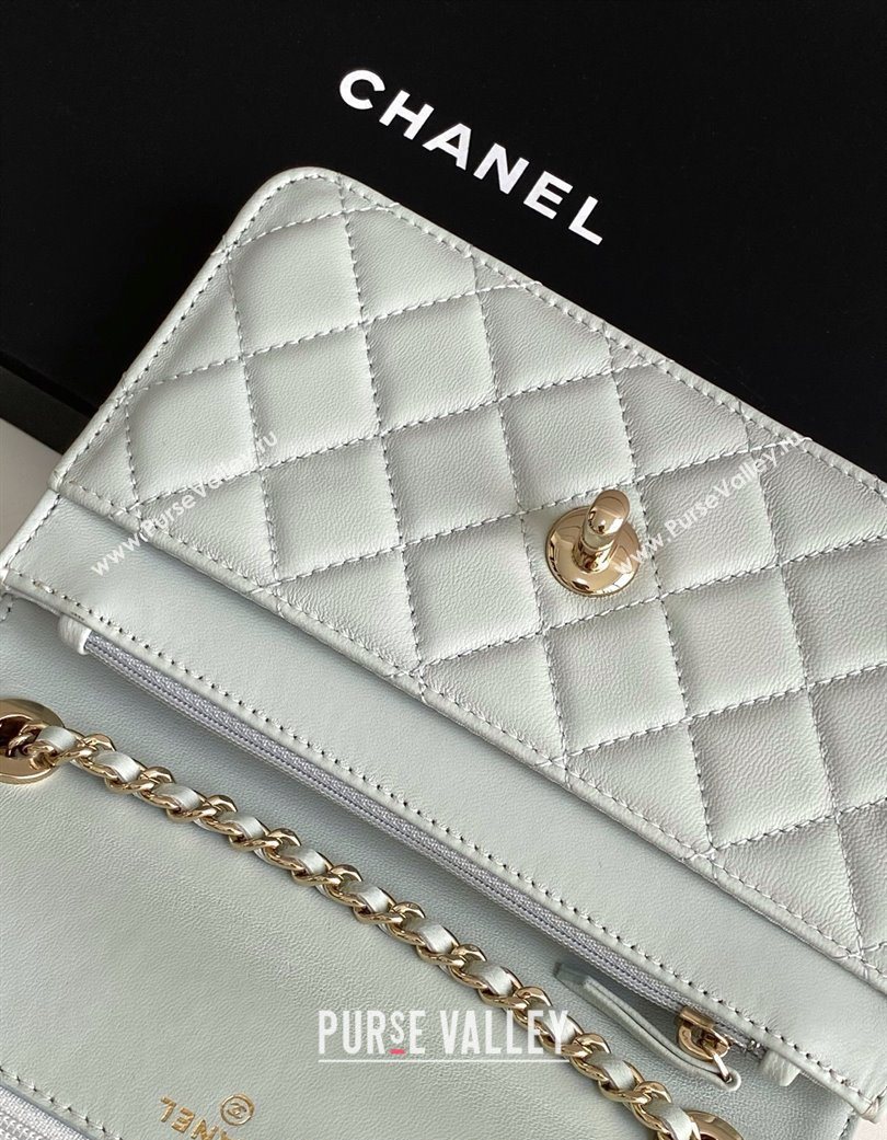 Chanel Lambskin Wallet On Chain WOC with Strass and Top Band Light Grey 2025 AP4323 (yezi-250703018)