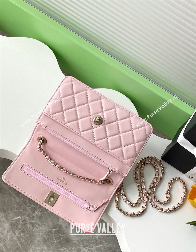 Chanel Lambskin Wallet On Chain WOC with Strass and Top Band Light Pink 2025 AP4323 (yezi-250703019)