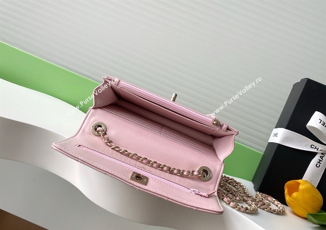 Chanel Lambskin Wallet On Chain WOC with Strass and Top Band Light Pink 2025 AP4323 (yezi-250703019)