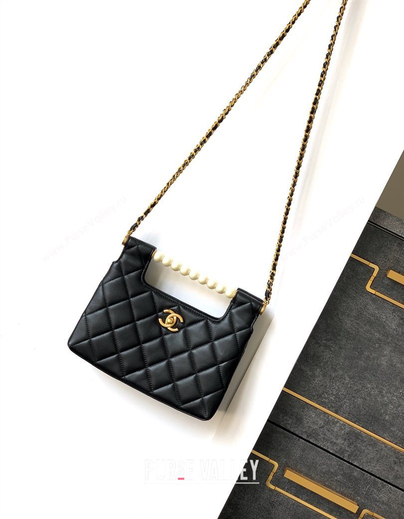 Chanel Shiny Lambskin Small Shopping bag with Pearls Black 2025 AS5413 (yezi-250703027)