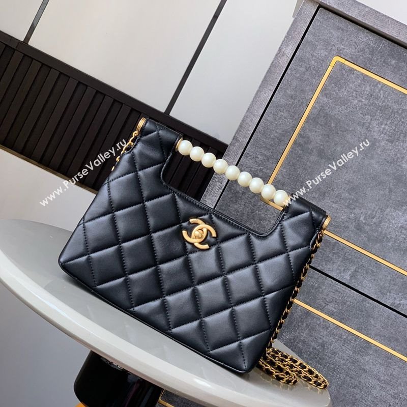 Chanel Shiny Lambskin Small Shopping bag with Pearls Black 2025 AS5413 (yezi-250703027)