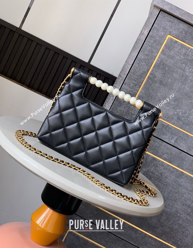 Chanel Shiny Lambskin Small Shopping bag with Pearls Black 2025 AS5413 (yezi-250703027)