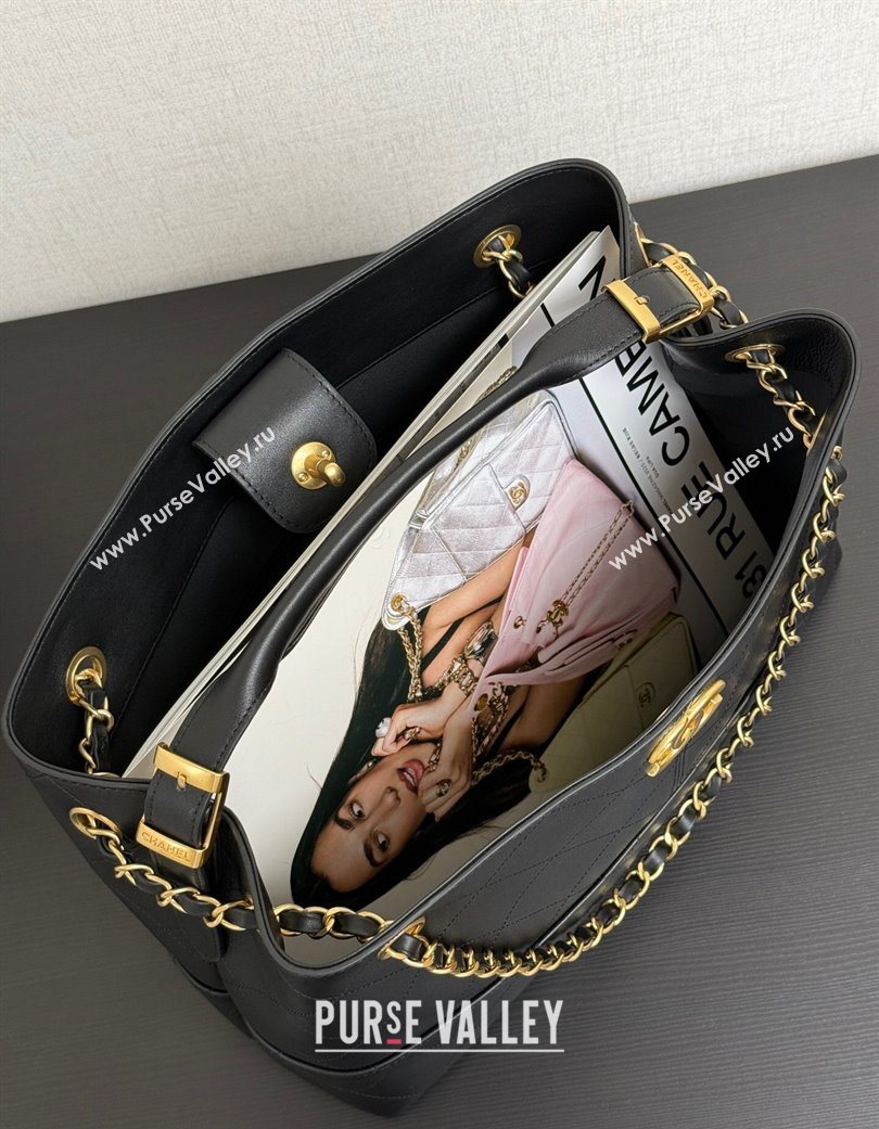 Chanel Calfskin Leather Small Shopping Bag Black 2025 AS5634 (yezi-250703003)