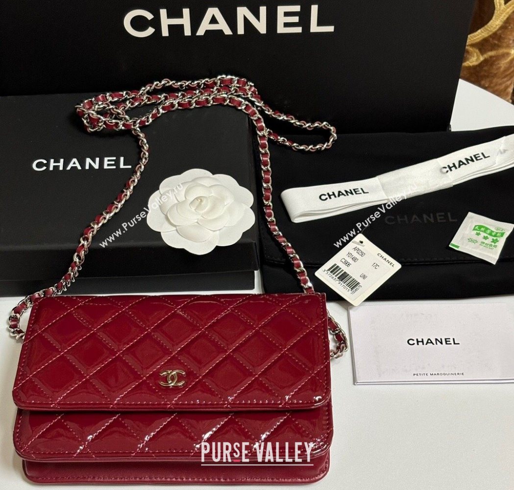 Chanel Patent Calfskin Classic Wallet on Chain WOC Red/Silver 2025 AP0250 (yezi-250703085)