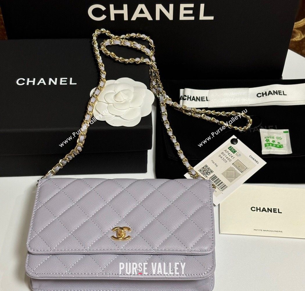 Chanel Grained Shiny Calfskin Classic Wallet on Chain WOC Pale Purple 2025 AP4241 (yezi-250703090)