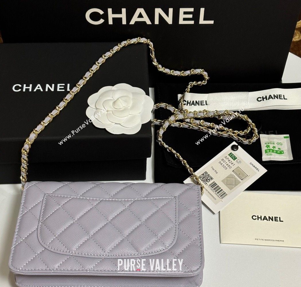 Chanel Grained Shiny Calfskin Classic Wallet on Chain WOC Pale Purple 2025 AP4241 (yezi-250703090)