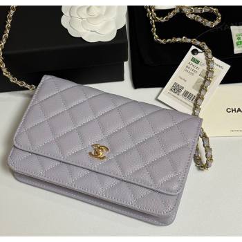 Chanel Grained Shiny Calfskin Classic Wallet on Chain WOC Pale Purple 2025 AP4241 (yezi-250703090)