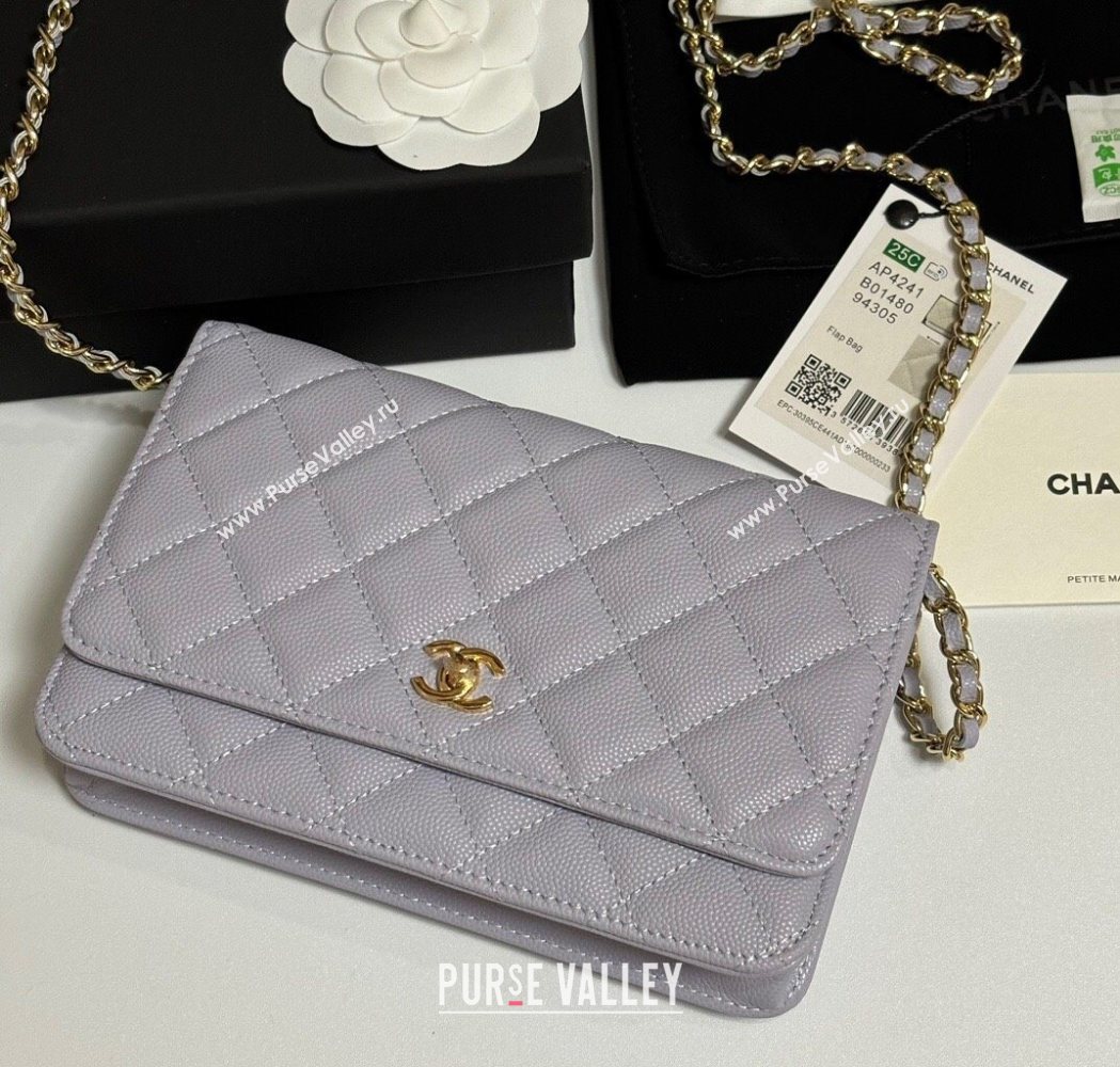 Chanel Grained Shiny Calfskin Classic Wallet on Chain WOC Pale Purple 2025 AP4241 (yezi-250703090)
