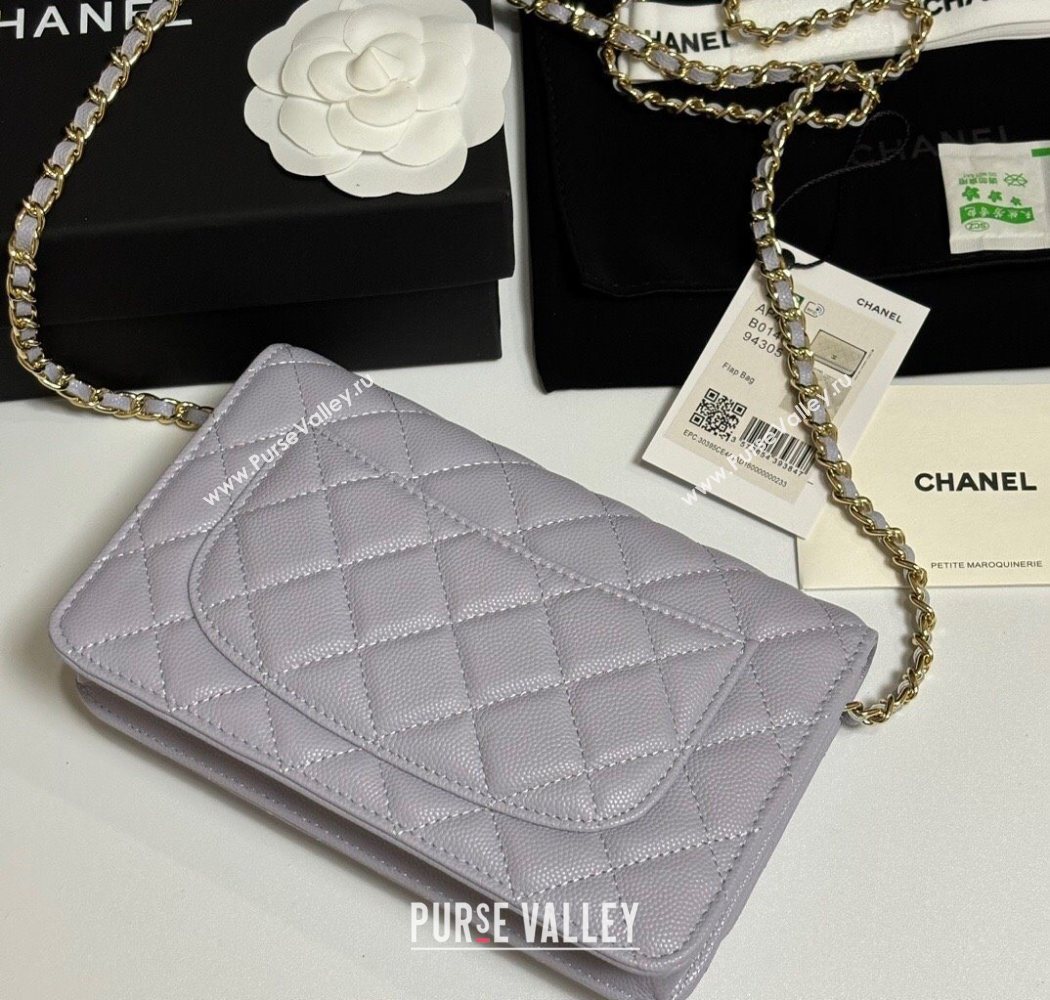 Chanel Grained Shiny Calfskin Classic Wallet on Chain WOC Pale Purple 2025 AP4241 (yezi-250703090)