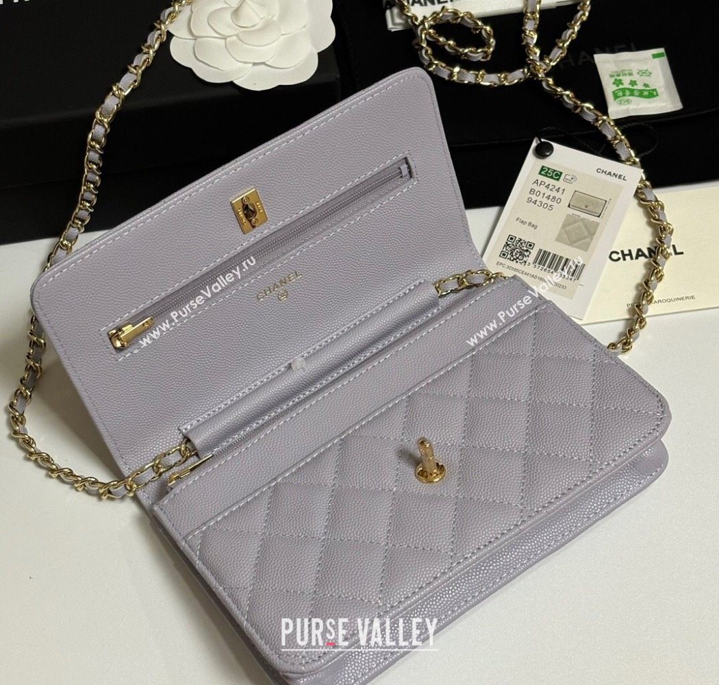 Chanel Grained Shiny Calfskin Classic Wallet on Chain WOC Pale Purple 2025 AP4241 (yezi-250703090)