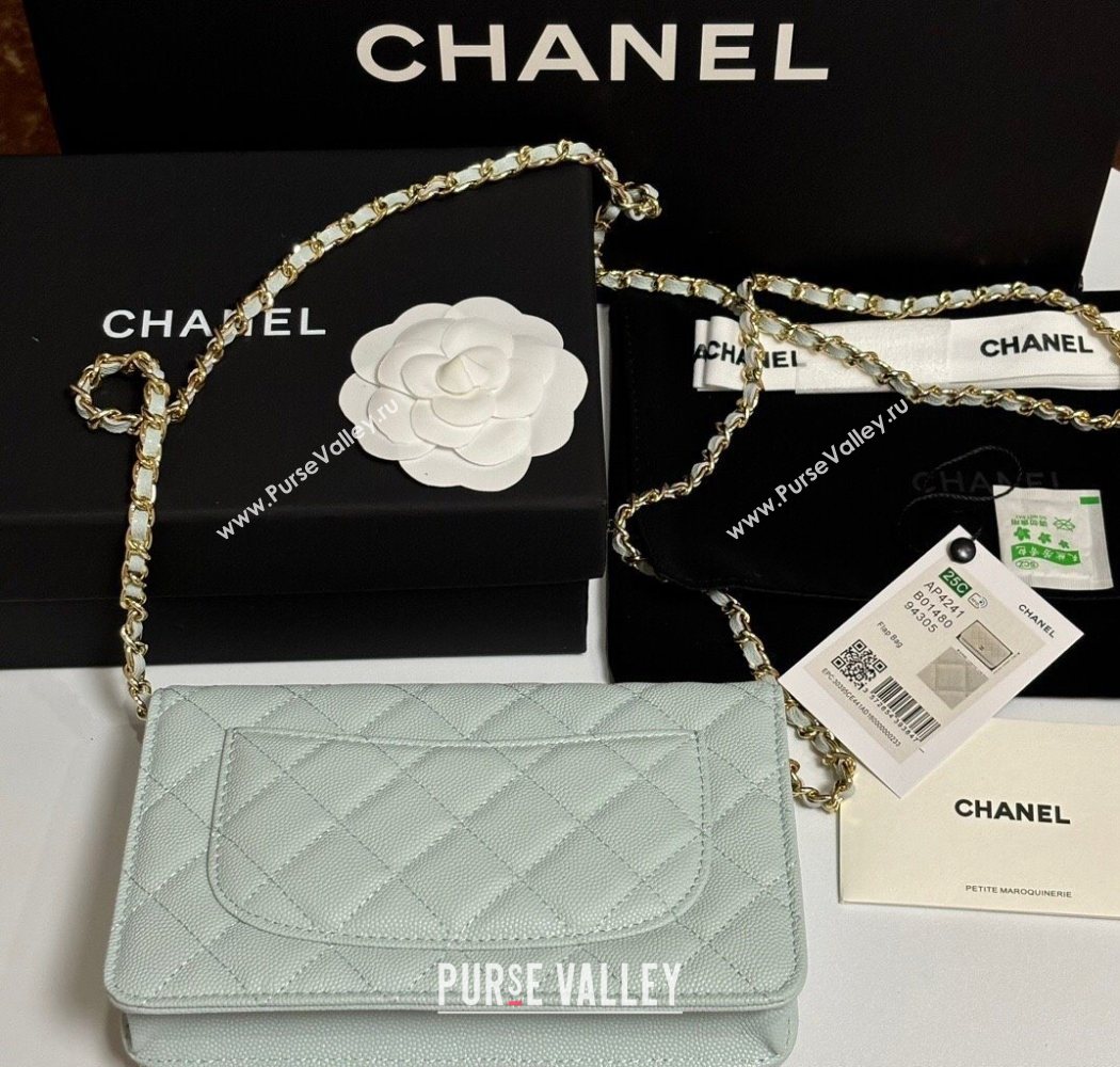 Chanel Grained Shiny Calfskin Classic Wallet on Chain WOC Pale Green 2025 AP4241 (yezi-250703091)