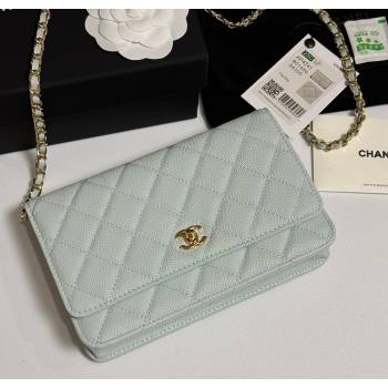 Chanel Grained Shiny Calfskin Classic Wallet on Chain WOC Pale Green 2025 AP4241 (yezi-250703091)
