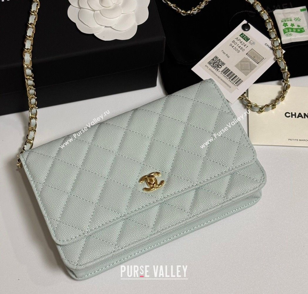 Chanel Grained Shiny Calfskin Classic Wallet on Chain WOC Pale Green 2025 AP4241 (yezi-250703091)