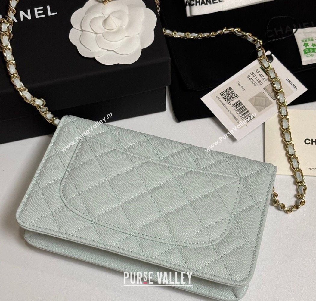 Chanel Grained Shiny Calfskin Classic Wallet on Chain WOC Pale Green 2025 AP4241 (yezi-250703091)