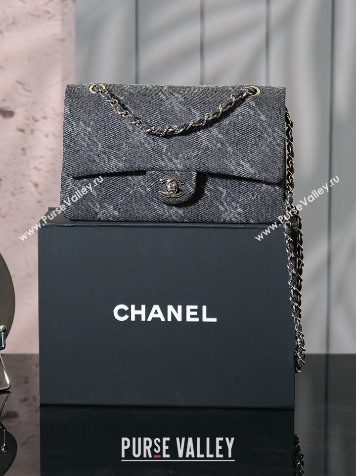 Chanel Printed Denim Classic Medium Flap Bag Black 2025 A01112 0703 (yezi-250703038)