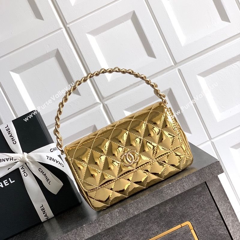 Chanel Patent Calfskin Mini Flap Bag with Top Handle Bag Gold 2025 0702 (yezi-250702047)