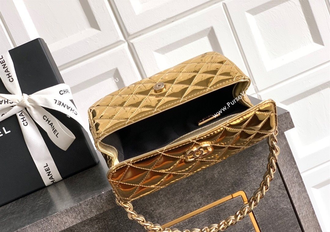 Chanel Patent Calfskin Mini Flap Bag with Top Handle Bag Gold 2025 0702 (yezi-250702047)