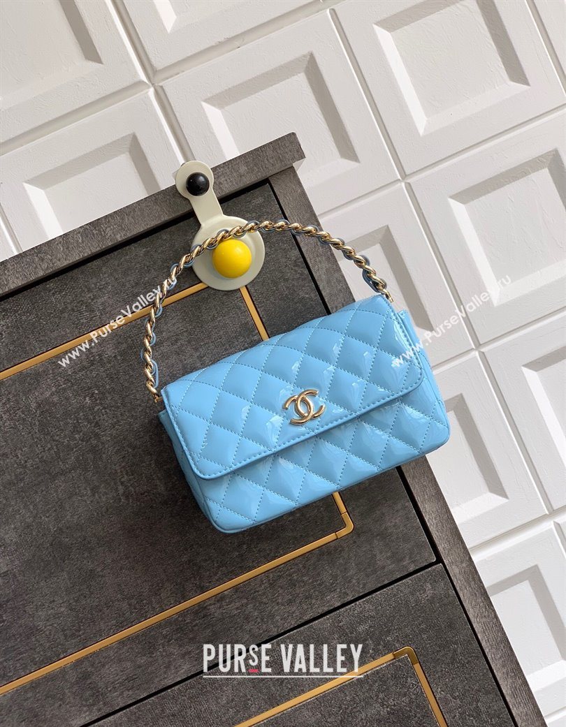 Chanel Patent Calfskin Mini Flap Bag with Top Handle Bag Light Blue 2025 0702 (yezi-250702052)