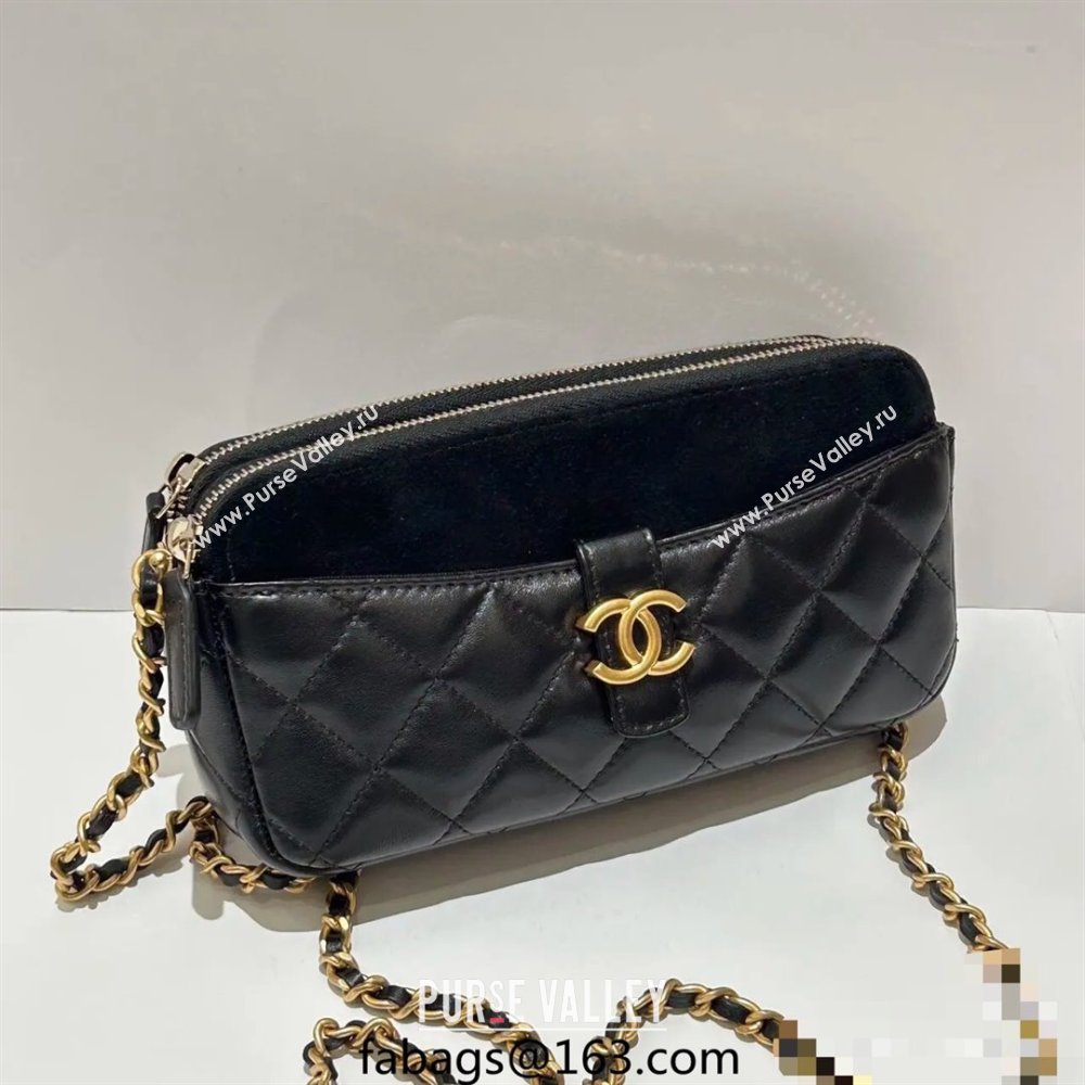 Chanel Suede Shiny Lambskin Zipped Phone Holder with Chain Black2 2025 AP4743 (yezi-250703041)